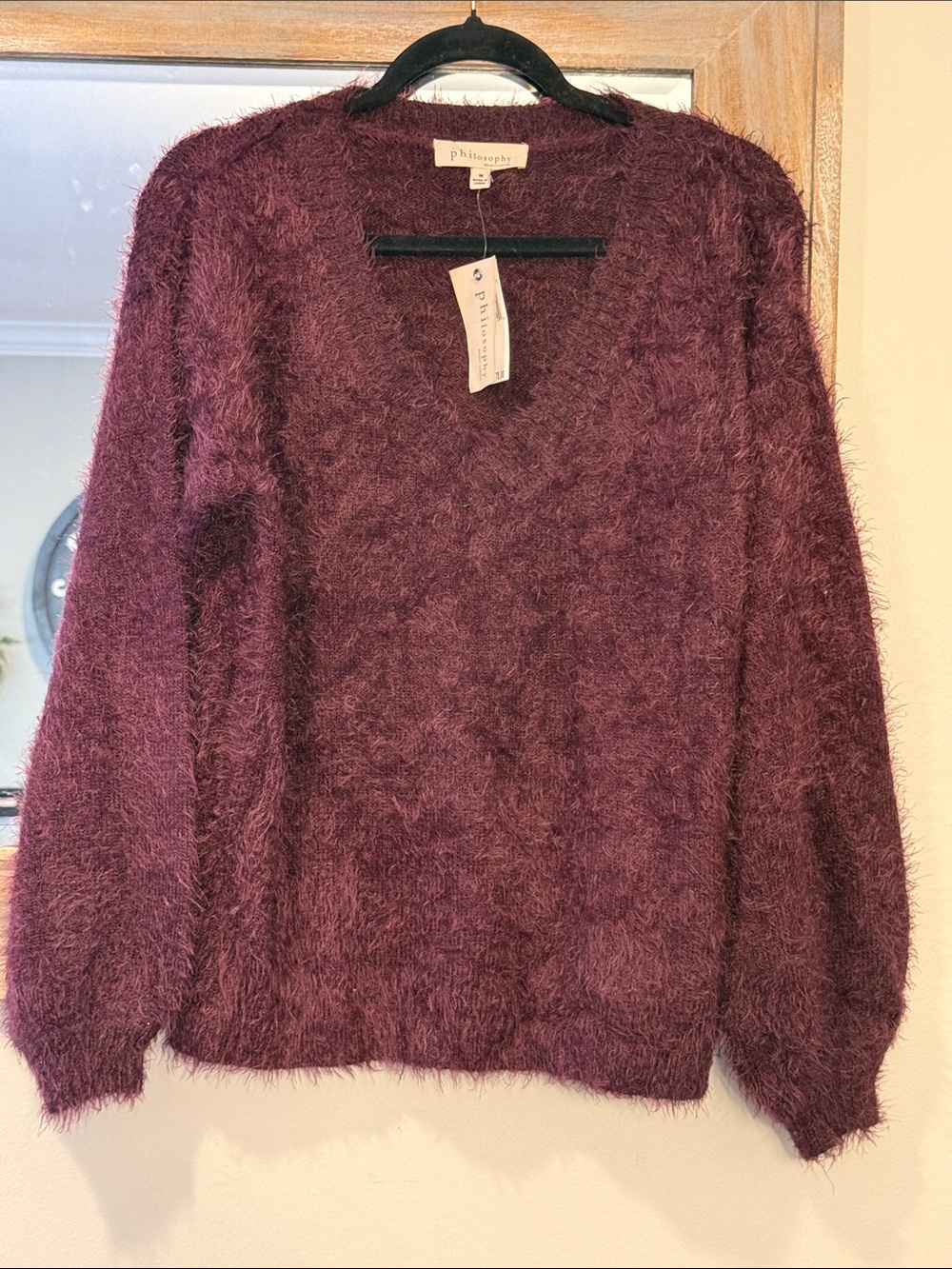 Philosophy Fuzzy V-Neck Sweater in Plum
